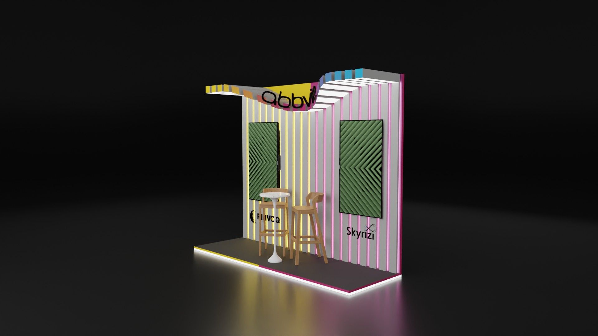 Stand em perspetiva, com paredes de ripas com leds coloridos, ecrãs a verde das marcas, mesa alta e bancos de madeira.