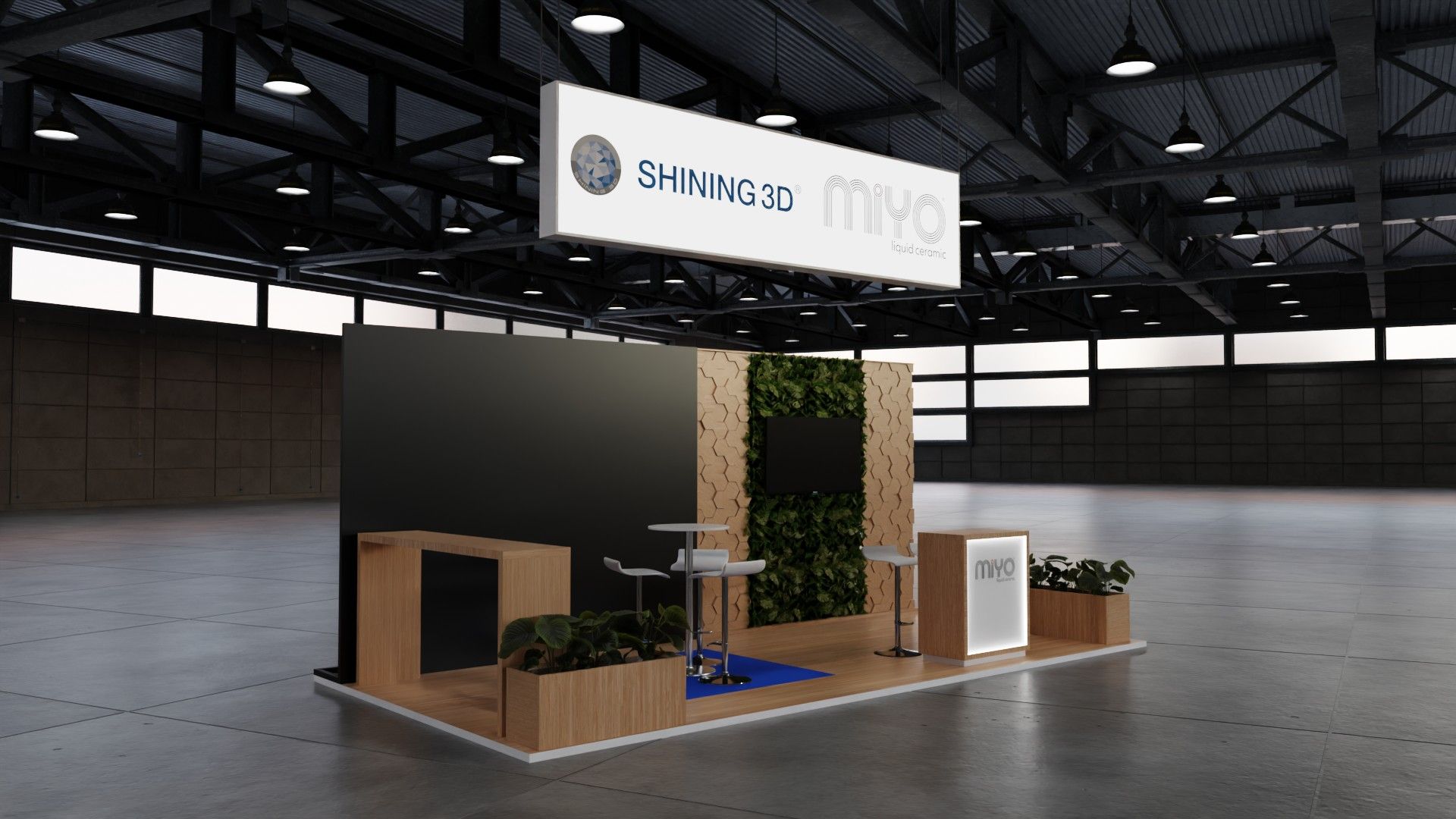 Stand SHINING 3D e MiYO de três-quartos, com caixa de luz a preto à esquerda e a parede de jardim vertical e madeira com ecrã à direita.