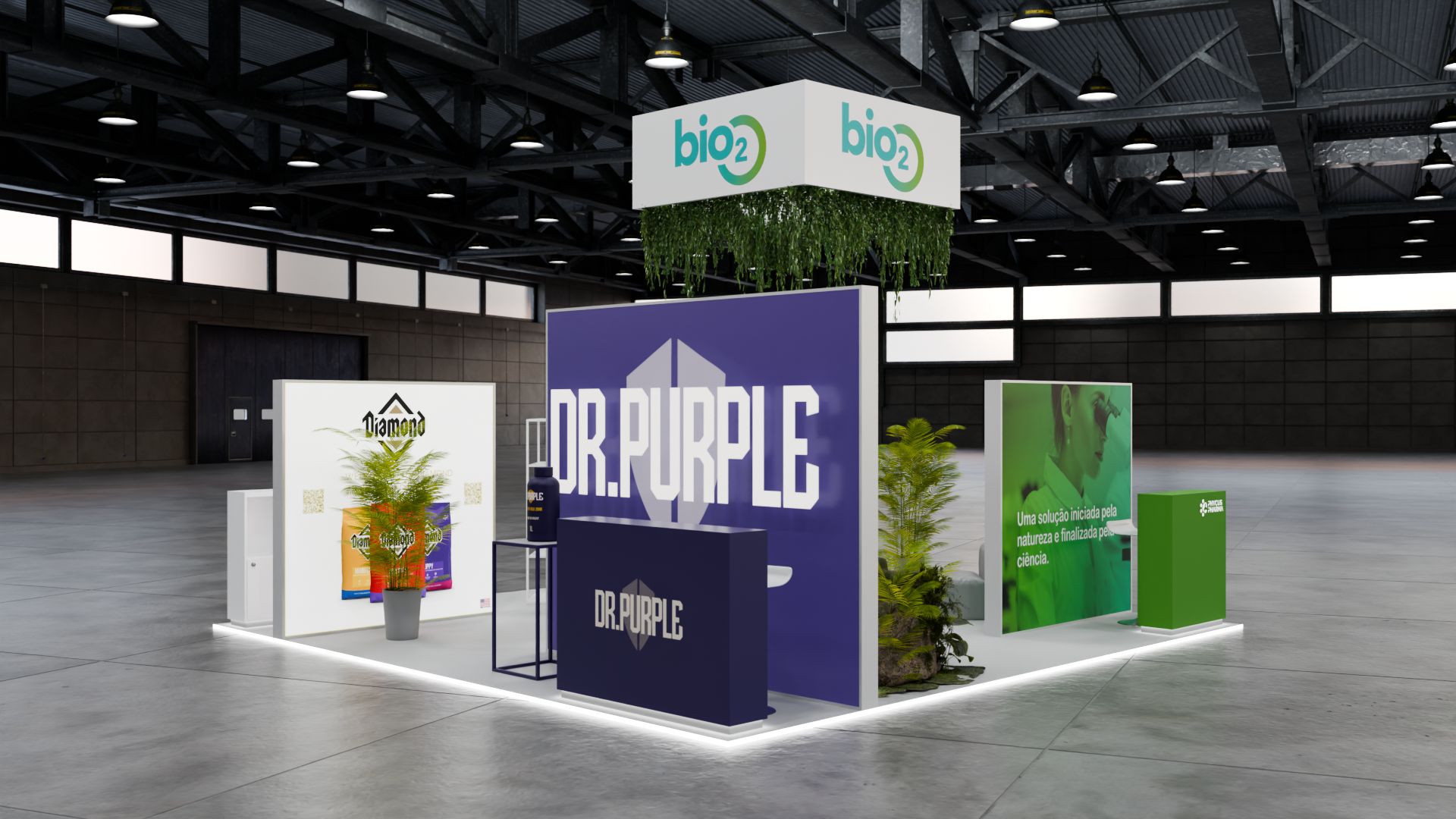 Stand bio2 de três-quartos, com caixa de luz roxa DR.PURPLE e o balcão à frente, ladeada por caixas de luz de marca.
