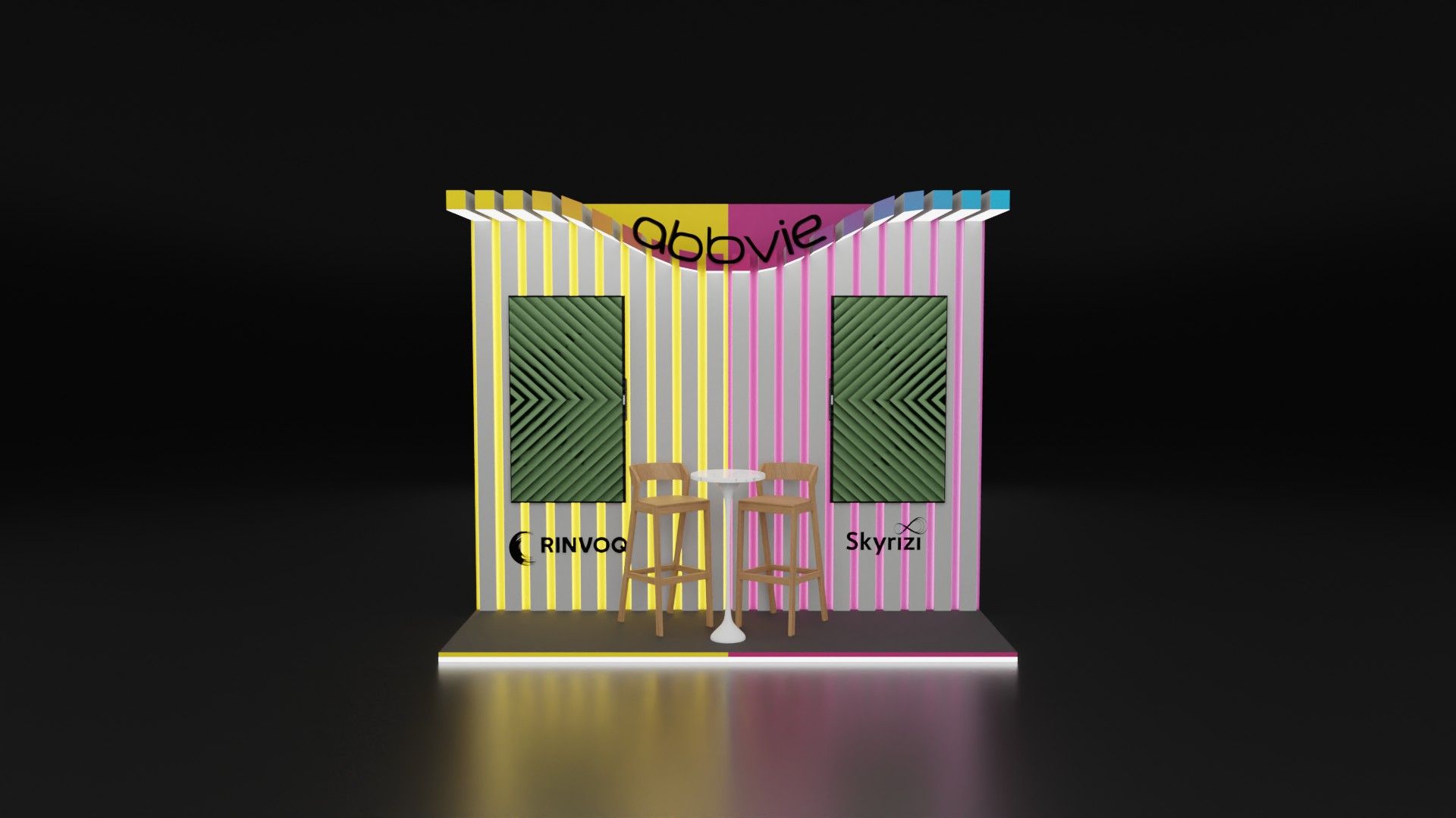 Stand com paredes de ripas verticais em cinza, leds amarelo e rosa, logótipo no topo curvo, dois ecrãs verdes, mesa alta e bancos de madeira.