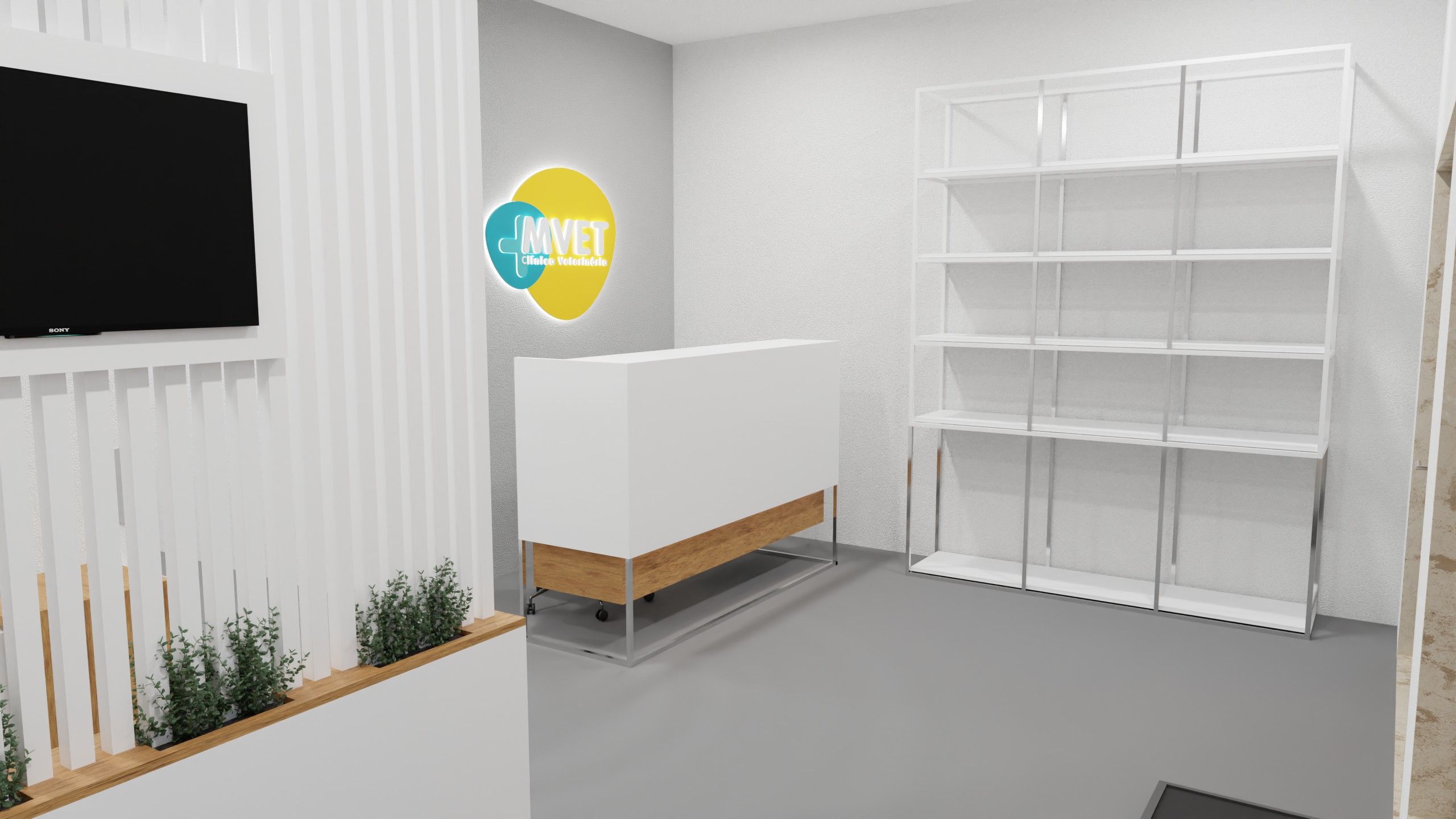 Receção da clínica veterinária MVET, com balcão branco e madeira, logótipo iluminado na parede, televisão e uma estante branca alta, junto a uma zona com floreira.