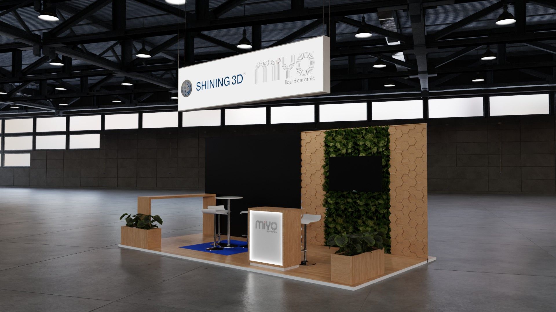Stand SHINING 3D e MiYO de três-quartos pelo lado do balcão, com a parede de jardim vertical e madeira e o balcão MiYO iluminado.
