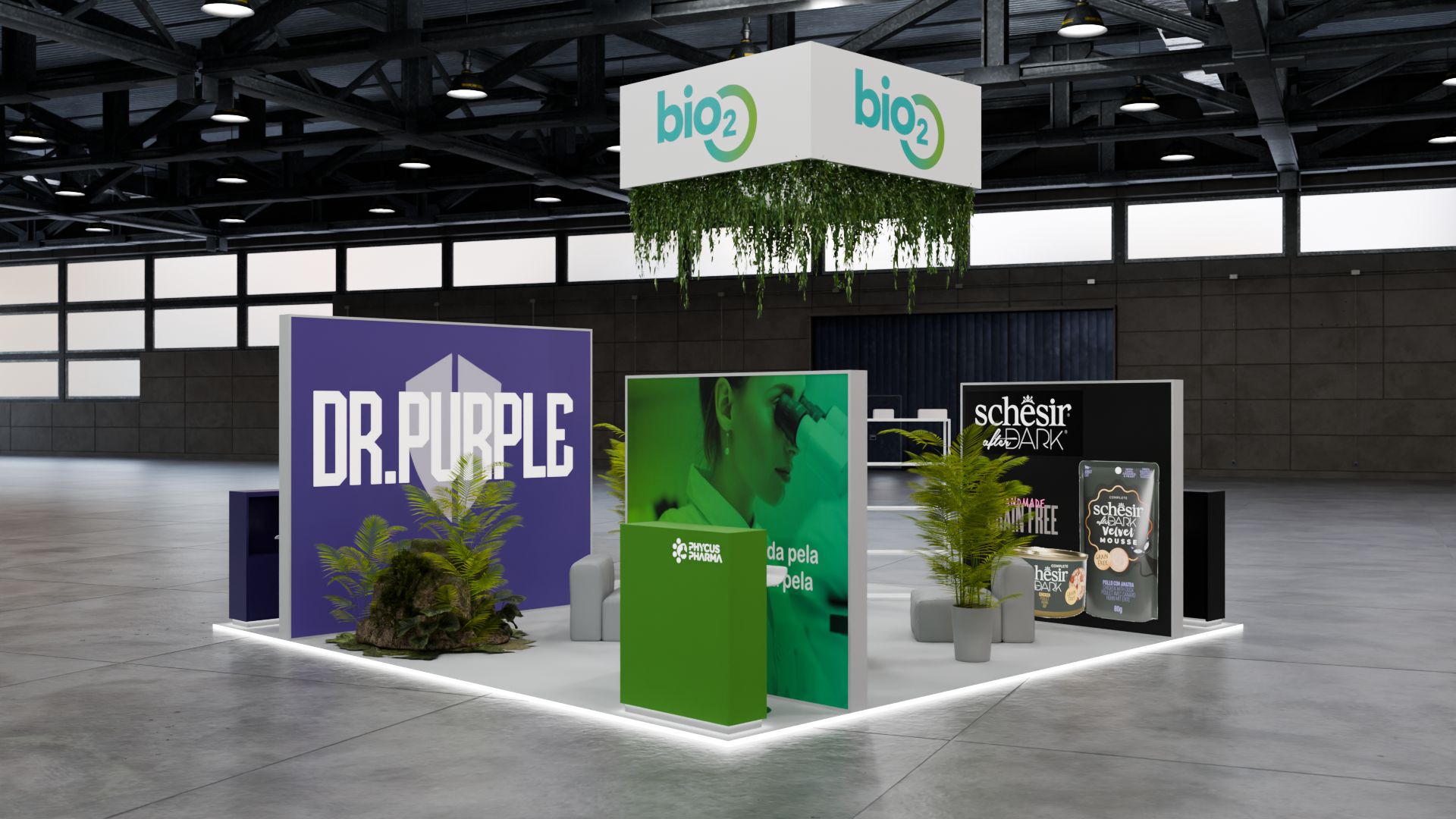 Stand bio2 visto em ângulo, com caixa de luz roxa DR.PURPLE à esquerda, caixa de luz verde ao centro e a peça suspensa bio2.