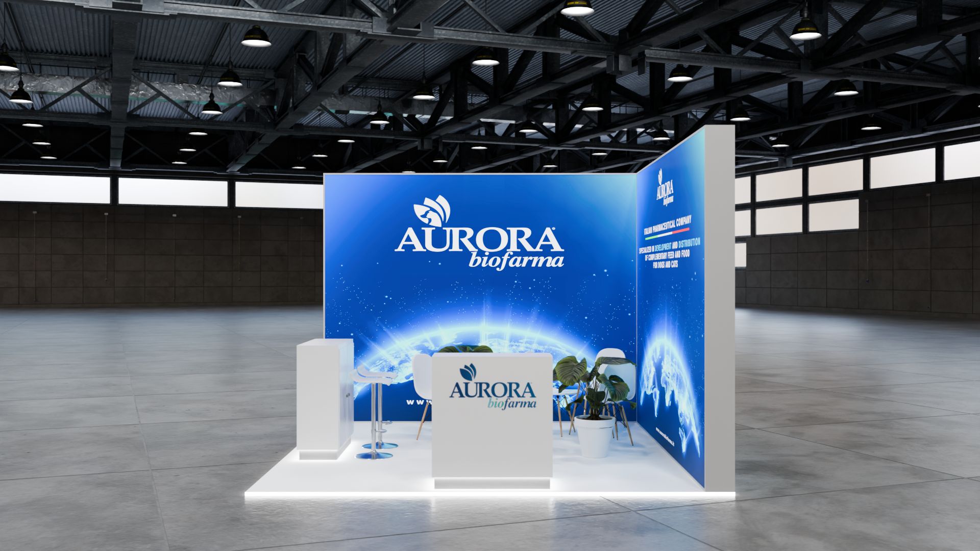 Stand Aurora biofarma de frente, com caixa de luz azul e o logótipo ao centro e balcão de receção branco.