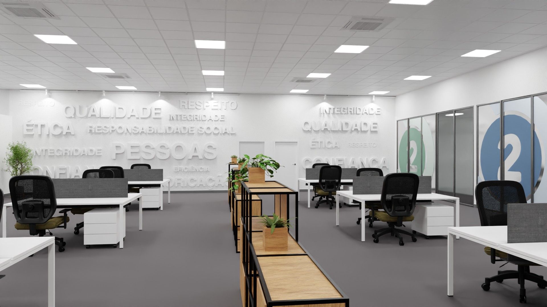 Open space, com secretárias brancas, cadeiras pretas, os valores da empresa em relevo na parede e divisórias de vidro com o «2» da marca.