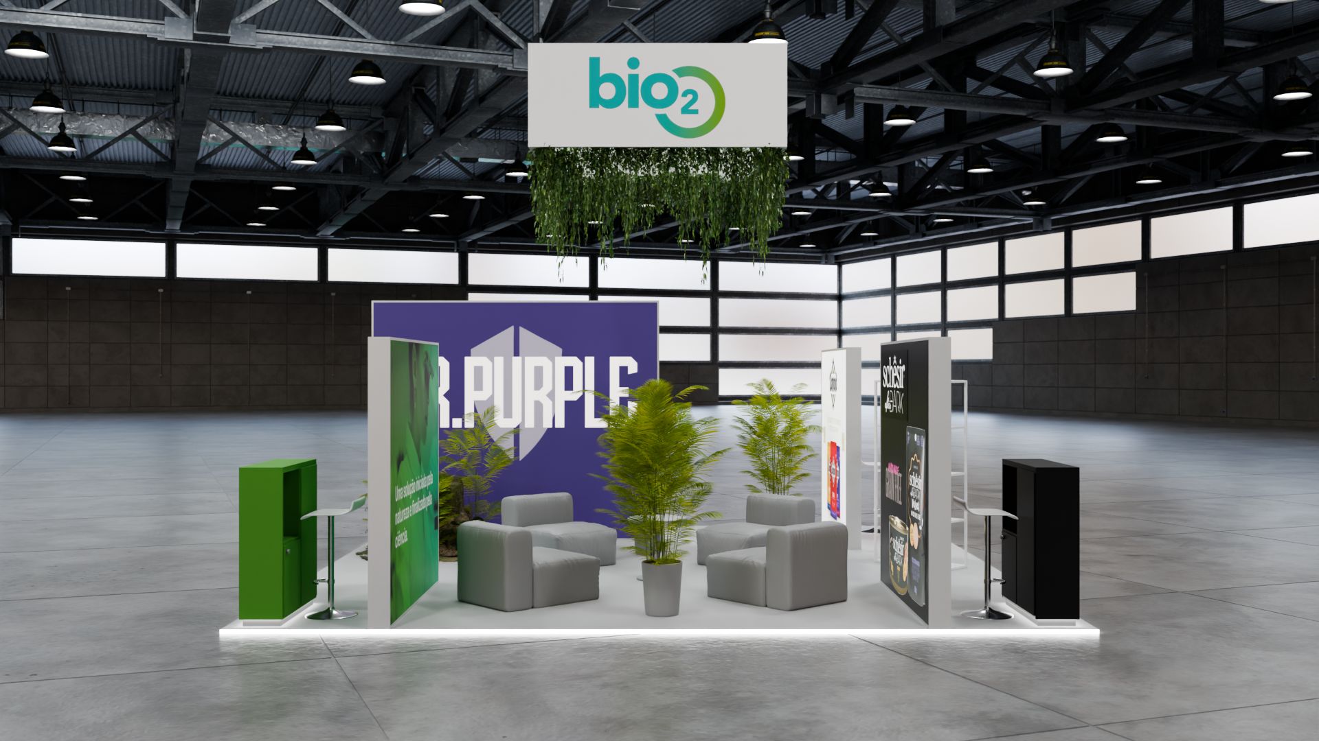 Stand bio2 de frente, com a caixa de luz DR.PURPLE ao centro, poltronas cinzentas e a peça suspensa bio2.