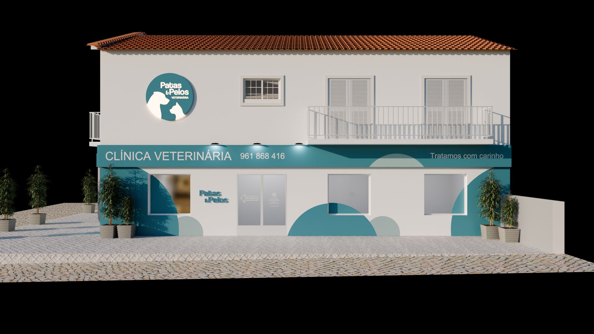 Fachada da Patas & Pelos vista de frente, com a faixa «Clínica Veterinária», o contacto e o logótipo circular com silhuetas de cão e gato.