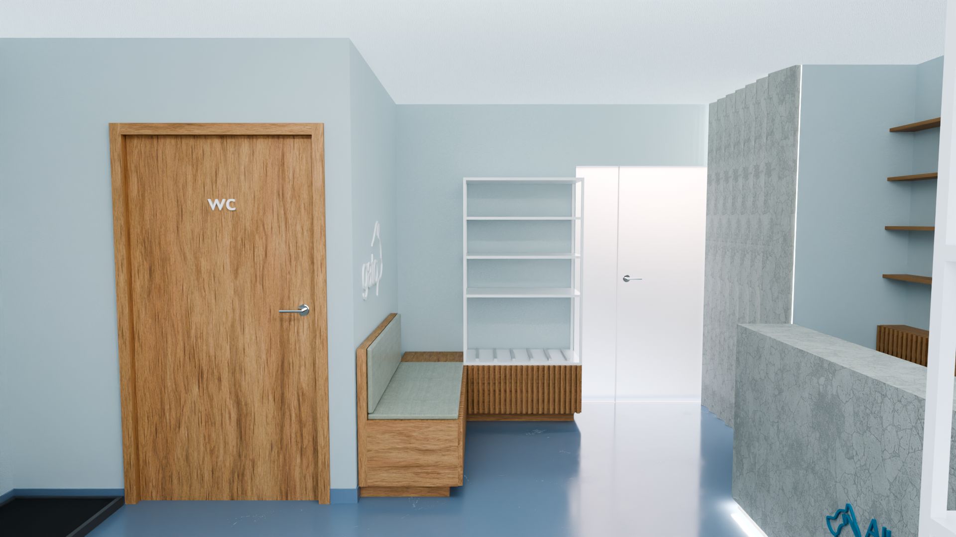 Zona de receção da All Vet Care com porta de madeira de WC, banco de madeira com almofada verde, estante branca e o balcão de pedra com o logótipo à direita.