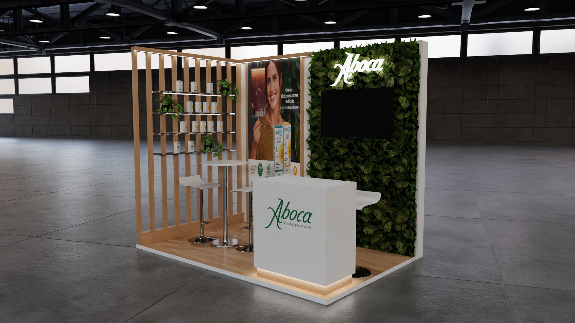Stand Aboca de três-quartos, com prateleiras de produtos entre o ripado de madeira à esquerda e balcão ao centro.