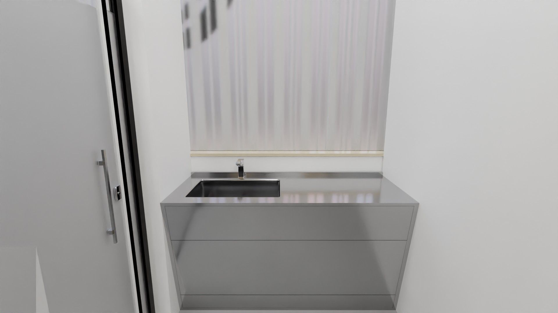 Zona de pré-cirurgia com bancada e lavatório em inox e vinil na janela ao fundo.
