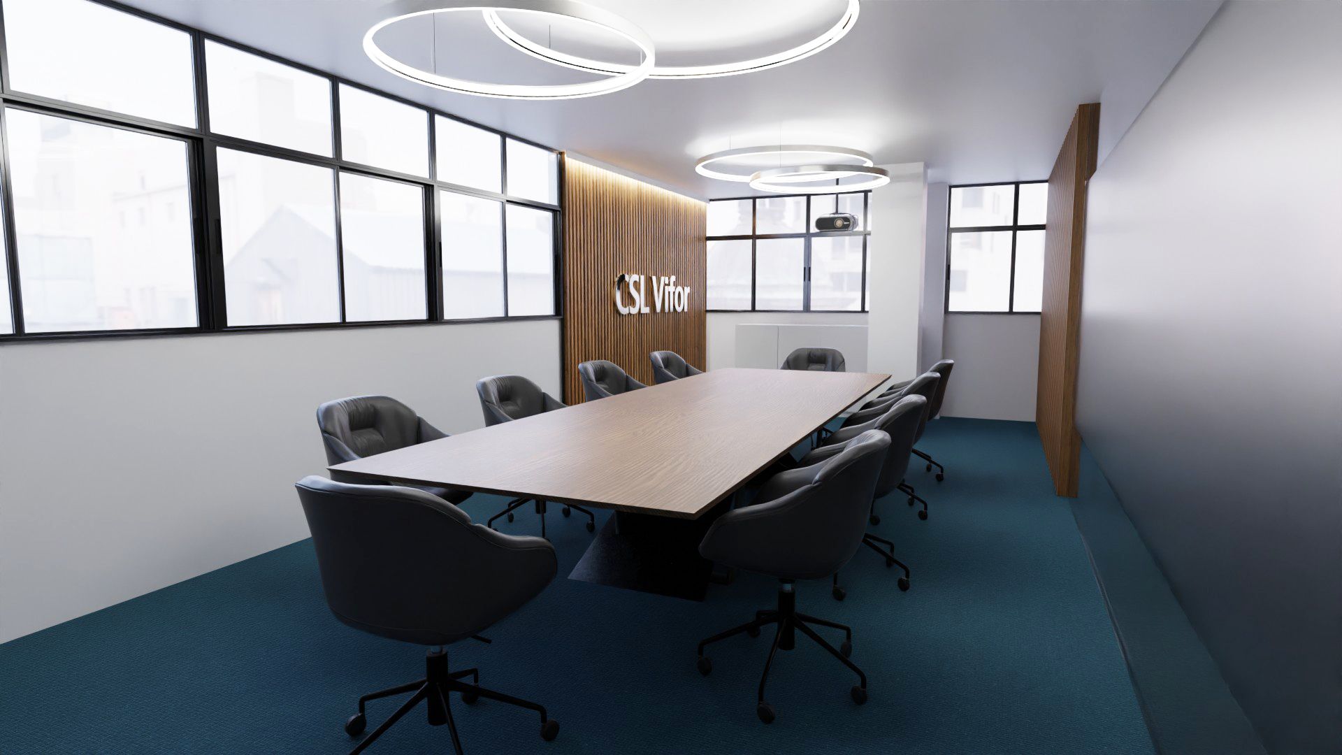 Sala de reunião com mesa comprida de madeira, cadeiras cinza escuras, parede de madeira ripada com o nome da marca em relevo inox e candeeiros circulares suspensos.