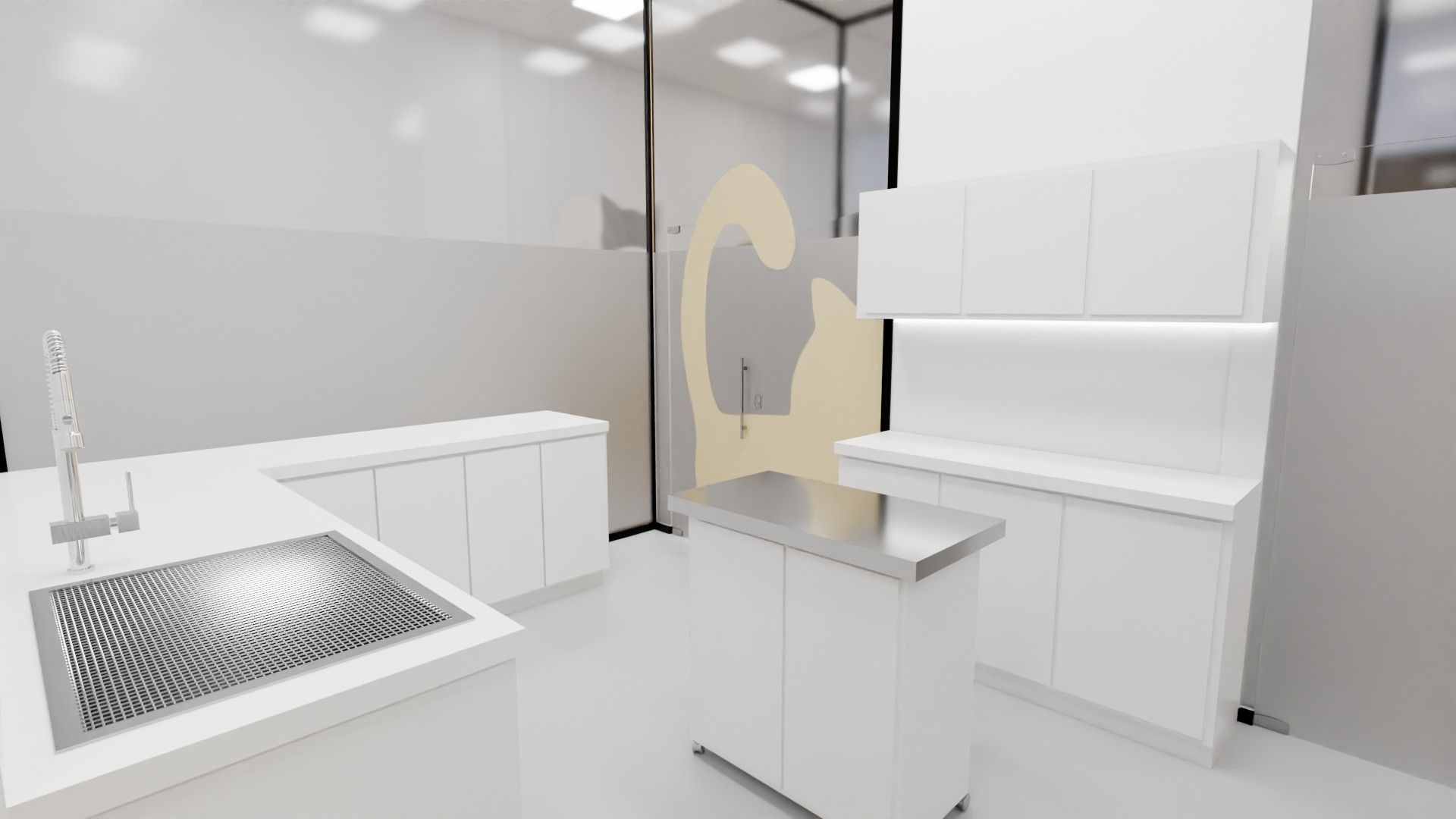 Sala de tratamentos com bancadas brancas, lavatório em inox, mesa central de inox e a silhueta de um gato aplicada no vidro divisório.