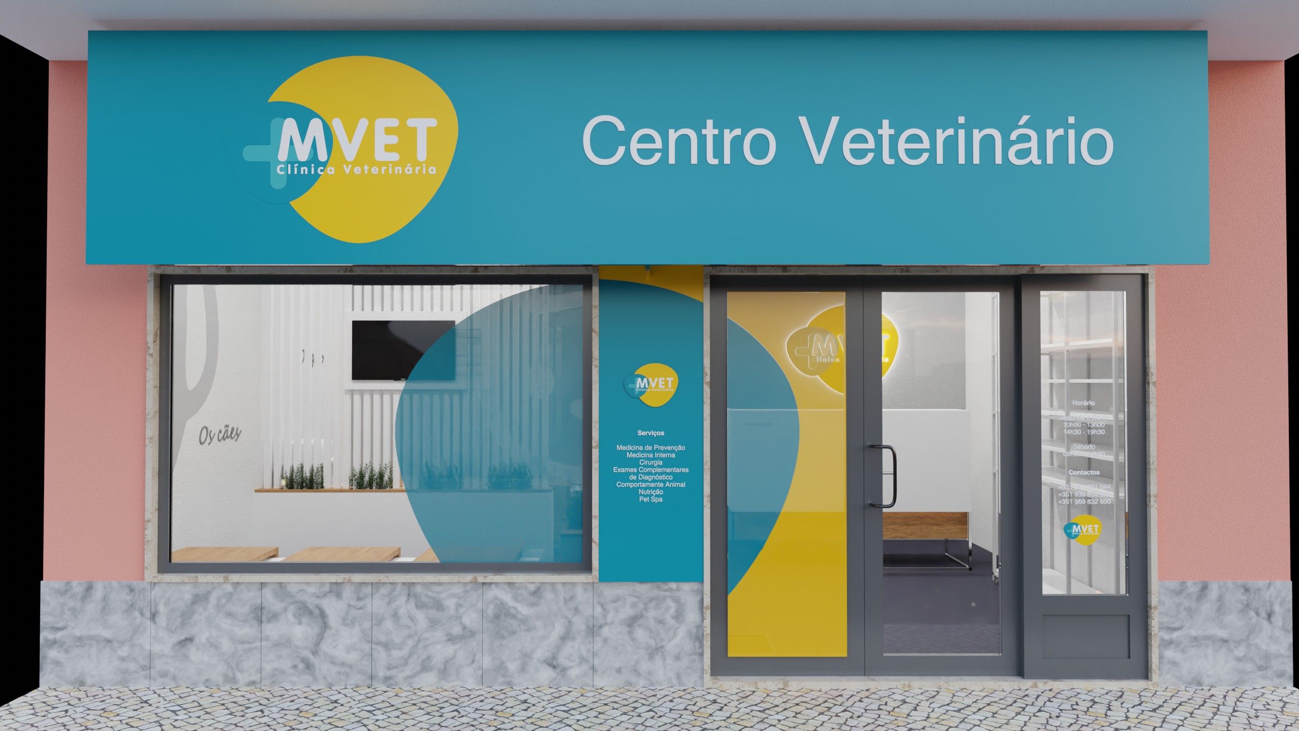 Fachada da clínica veterinária MVET, com toldo turquesa e logótipo amarelo, montra a mostrar a sala de espera e porta de vidro com o horário e contactos aplicados no vidro.