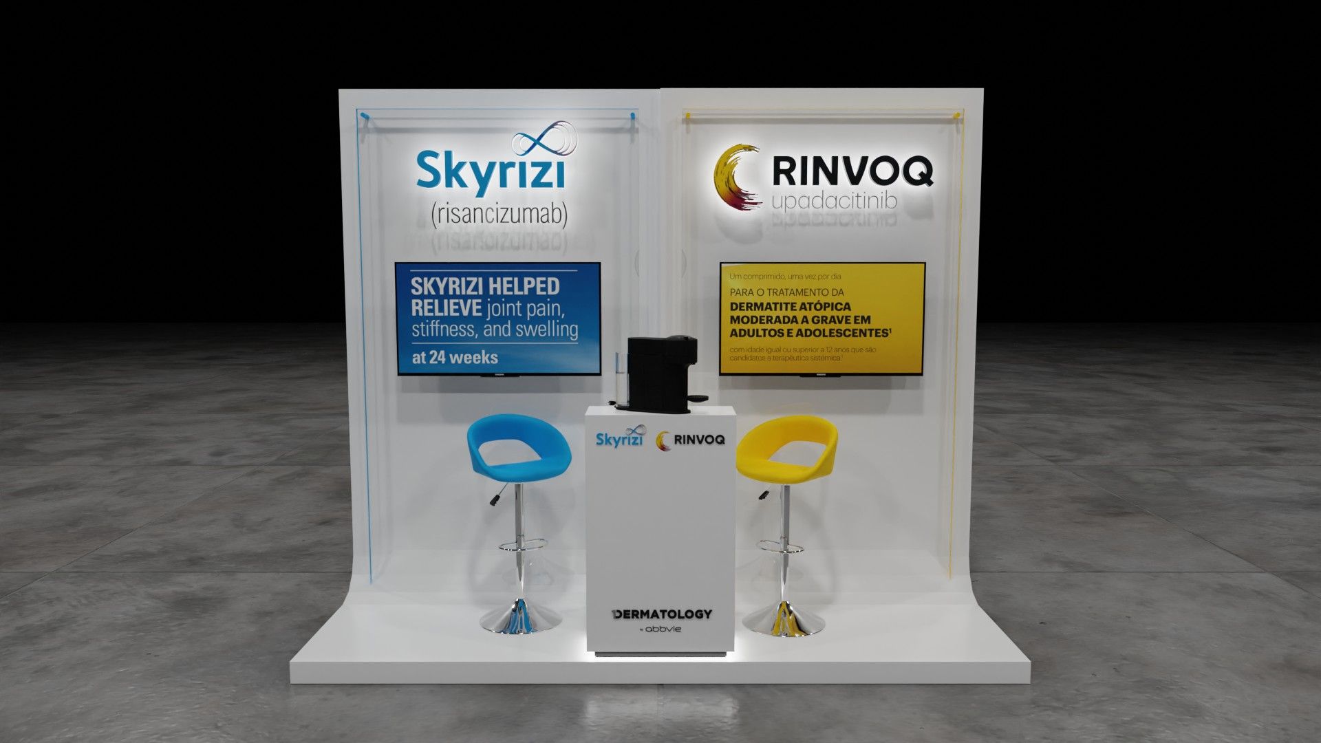 Stand de frente, com painel azul de um lado e amarelo do outro, balcão central e bancos azul e amarelo.