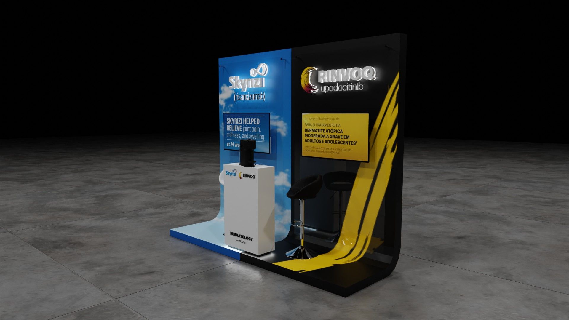 Stand com fundo azul de céu de um lado e fundo preto e amarelo do outro, balcão central e banco preto.